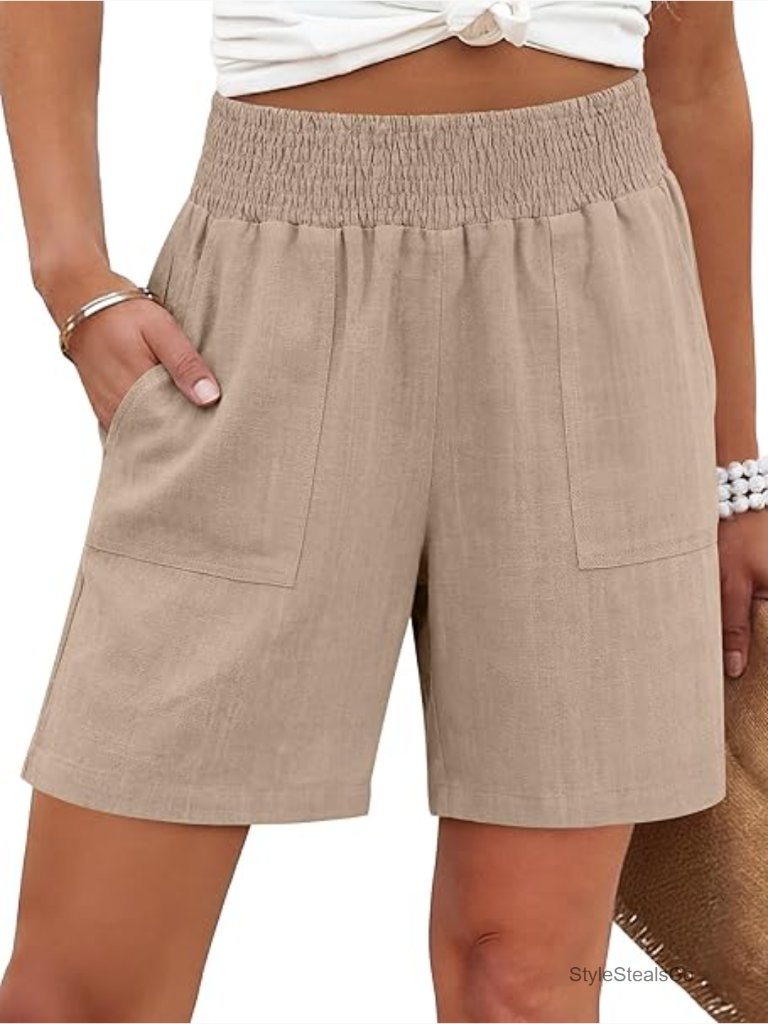 Linen High Waisted Wide Leg Shorts With Pockets